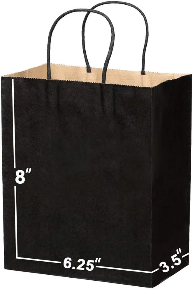 Paper Bags with Handles Bulks 6.25 X 3.5 X 8 [50 Bags] Ideal for Shopping, Packaging, Retail, Party, Craft, Gifts, Wedding, Recycled, Business, Goody and Merchandise kraft Bag (Black)