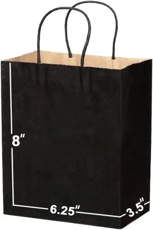 Paper Bags with Handles Bulks 6.25 X 3.5 X 8 [50 Bags] Ideal for Shopping, Packaging, Retail, Party, Craft, Gifts, Wedding, Recycled, Business, Goody and Merchandise kraft Bag (Black)