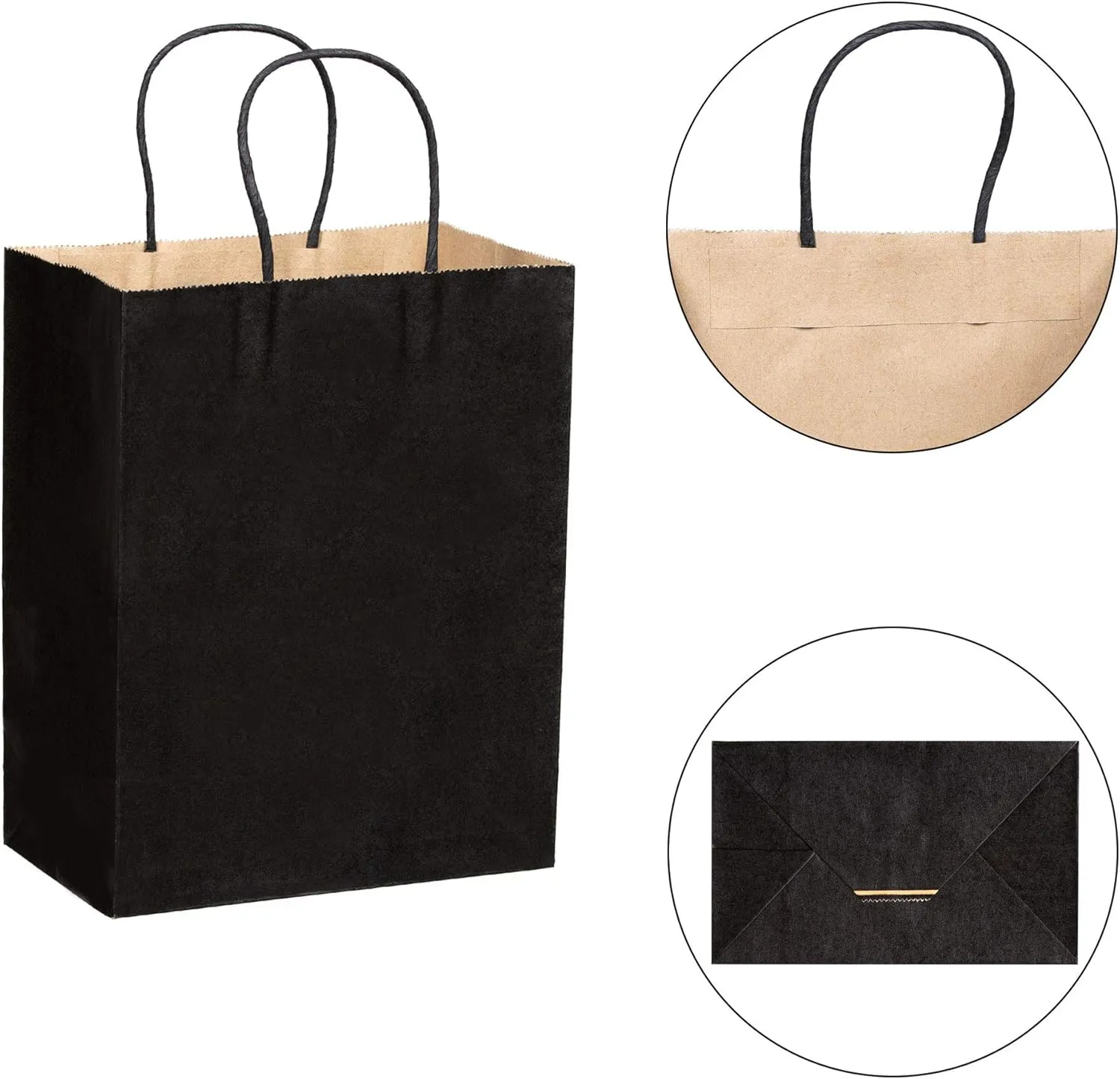Paper Bags with Handles Bulks 6.25 X 3.5 X 8 [50 Bags] Ideal for Shopping, Packaging, Retail, Party, Craft, Gifts, Wedding, Recycled, Business, Goody and Merchandise kraft Bag (Black)