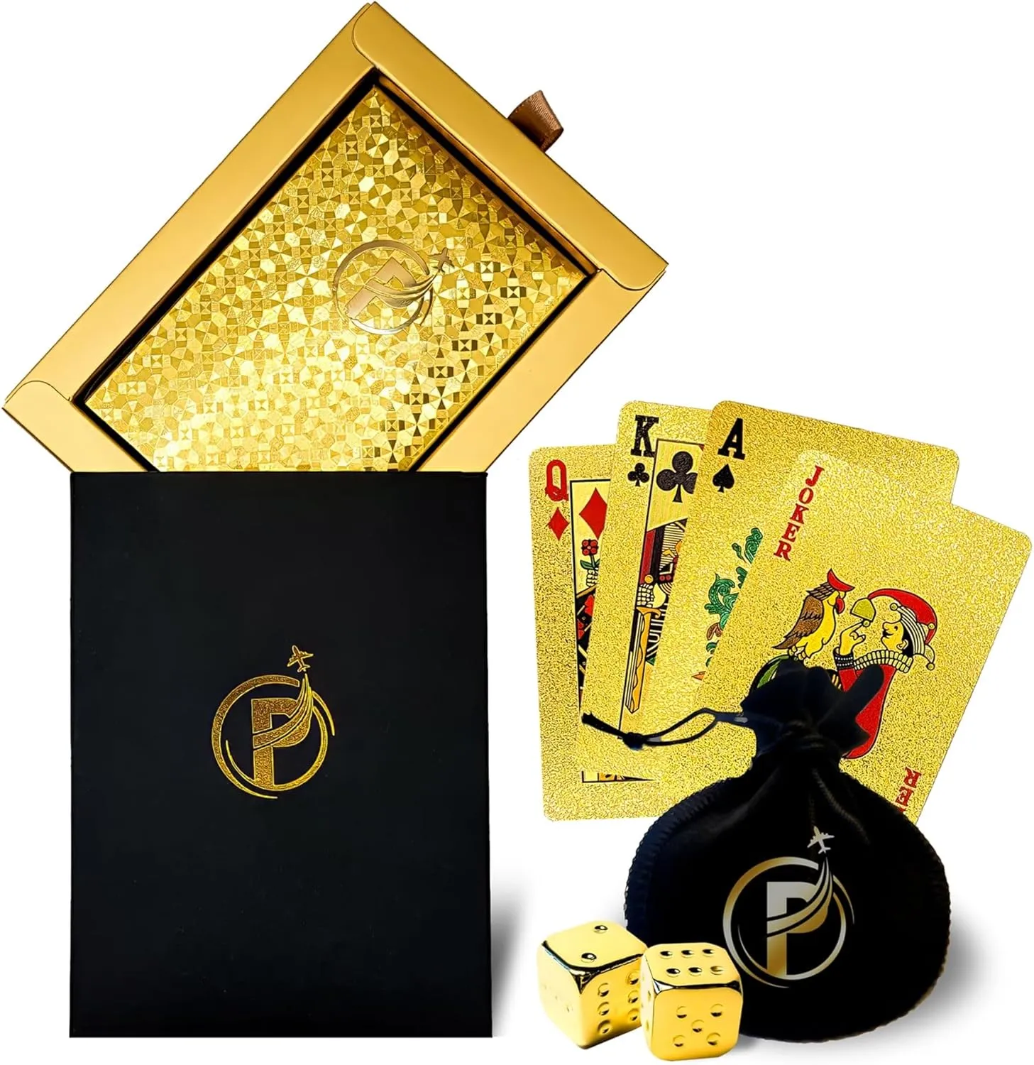 Patty's Travel Store Premium Gold Playing Cards & Game Dice - 24K Gold Foil Coating, Waterproof Playing Cards for Parties, Poker, and Tricks