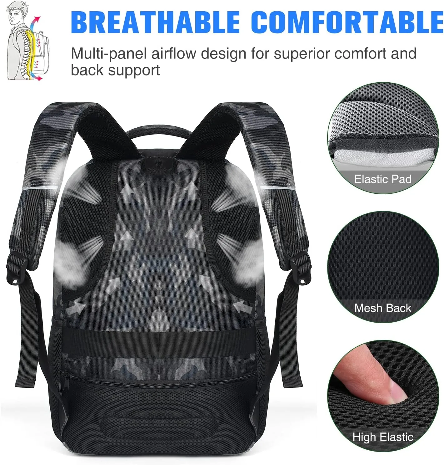 Paude 17 inch Travel Business Backpack for Men,College Backpack School Bookbag for Teens,Laptop Bookbag with USB Port and Headphone Hole,Camouflage Black