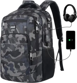 Paude 17 inch Travel Business Backpack for Men,College Backpack School Bookbag for Teens,Laptop Bookbag with USB Port and Headphone Hole,Camouflage Black