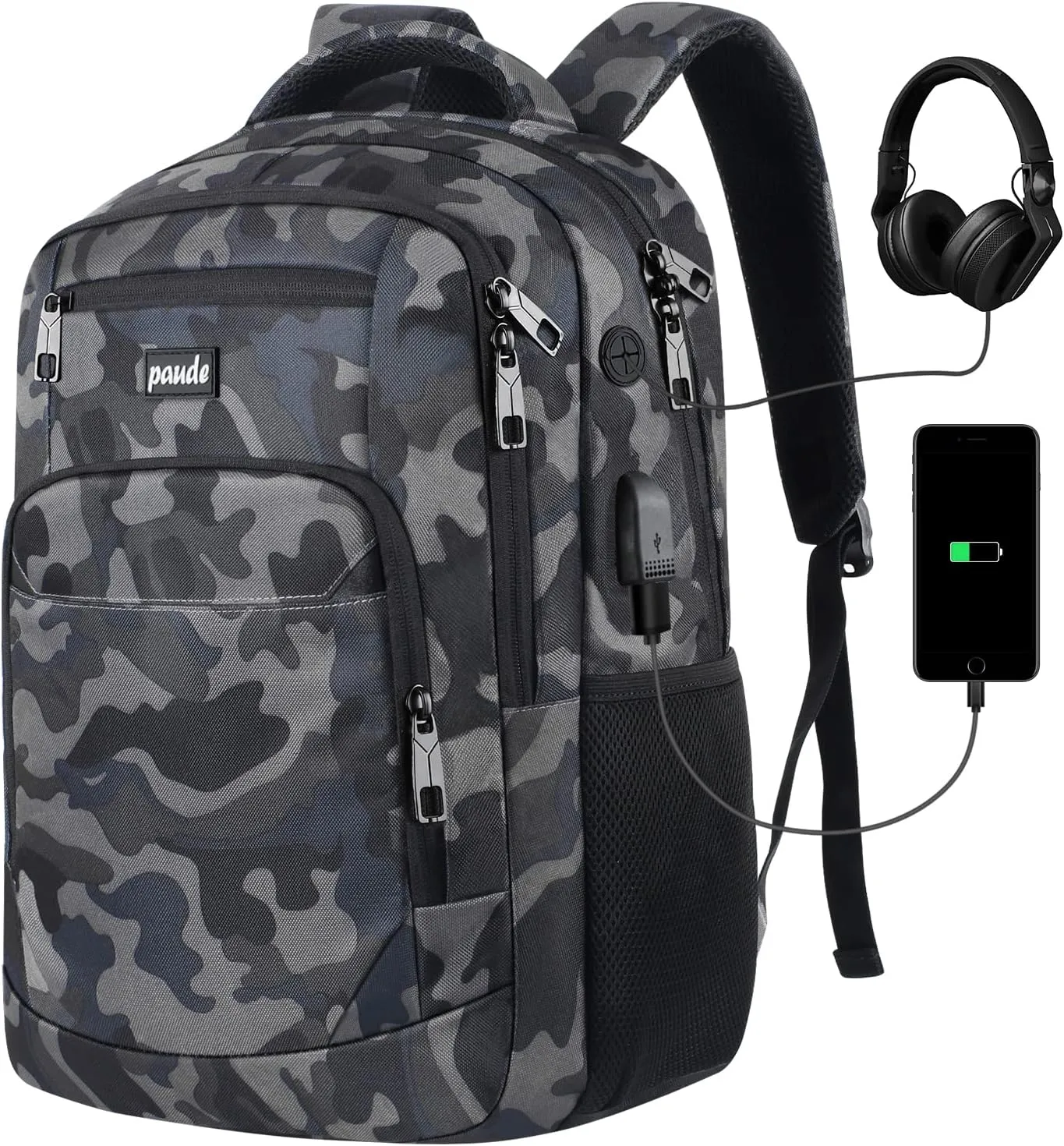 Paude 17 inch Travel Business Backpack for Men,College Backpack School Bookbag for Teens,Laptop Bookbag with USB Port and Headphone Hole,Camouflage Black