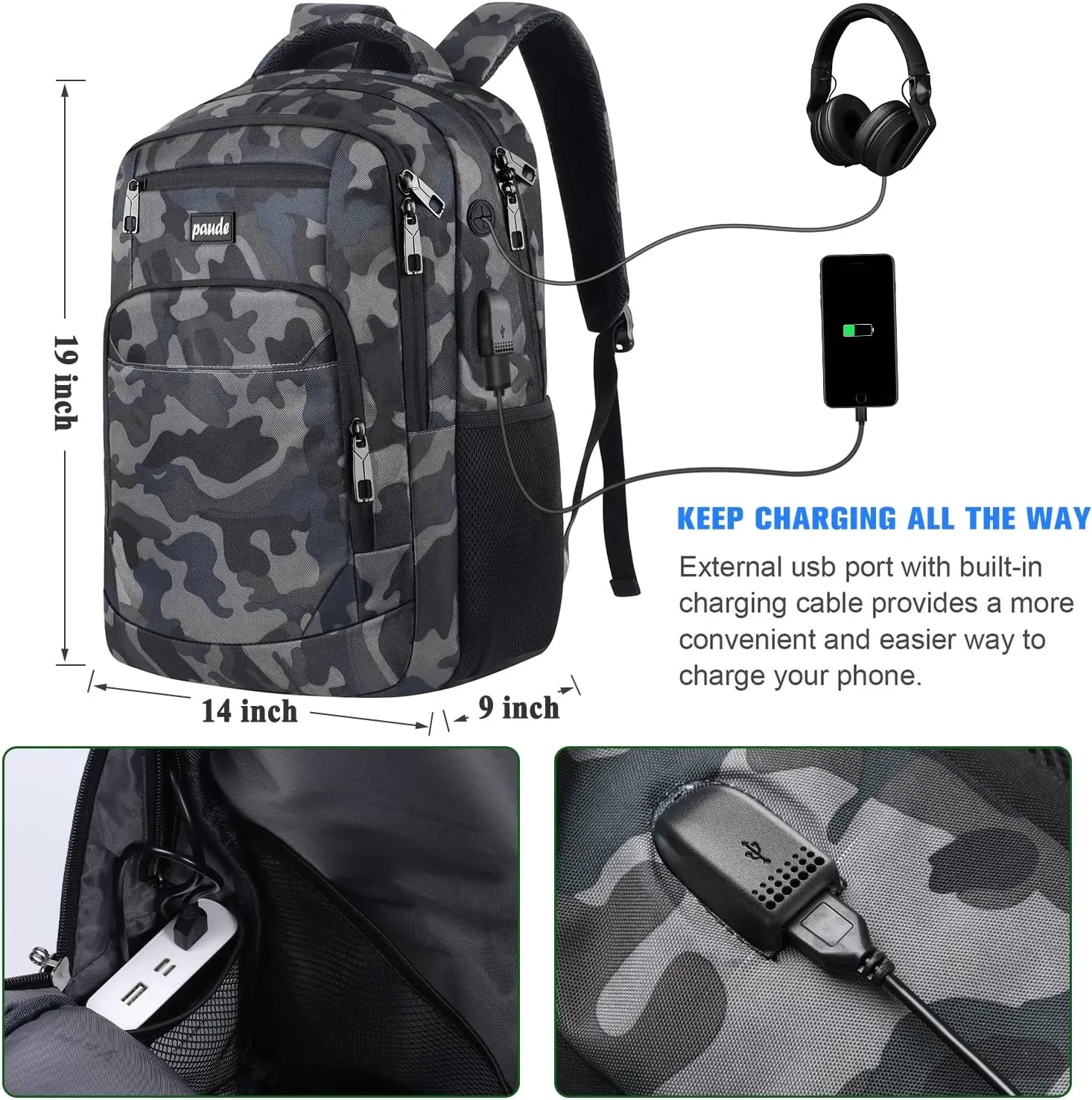 Paude 17 inch Travel Business Backpack for Men,College Backpack School Bookbag for Teens,Laptop Bookbag with USB Port and Headphone Hole,Camouflage Black