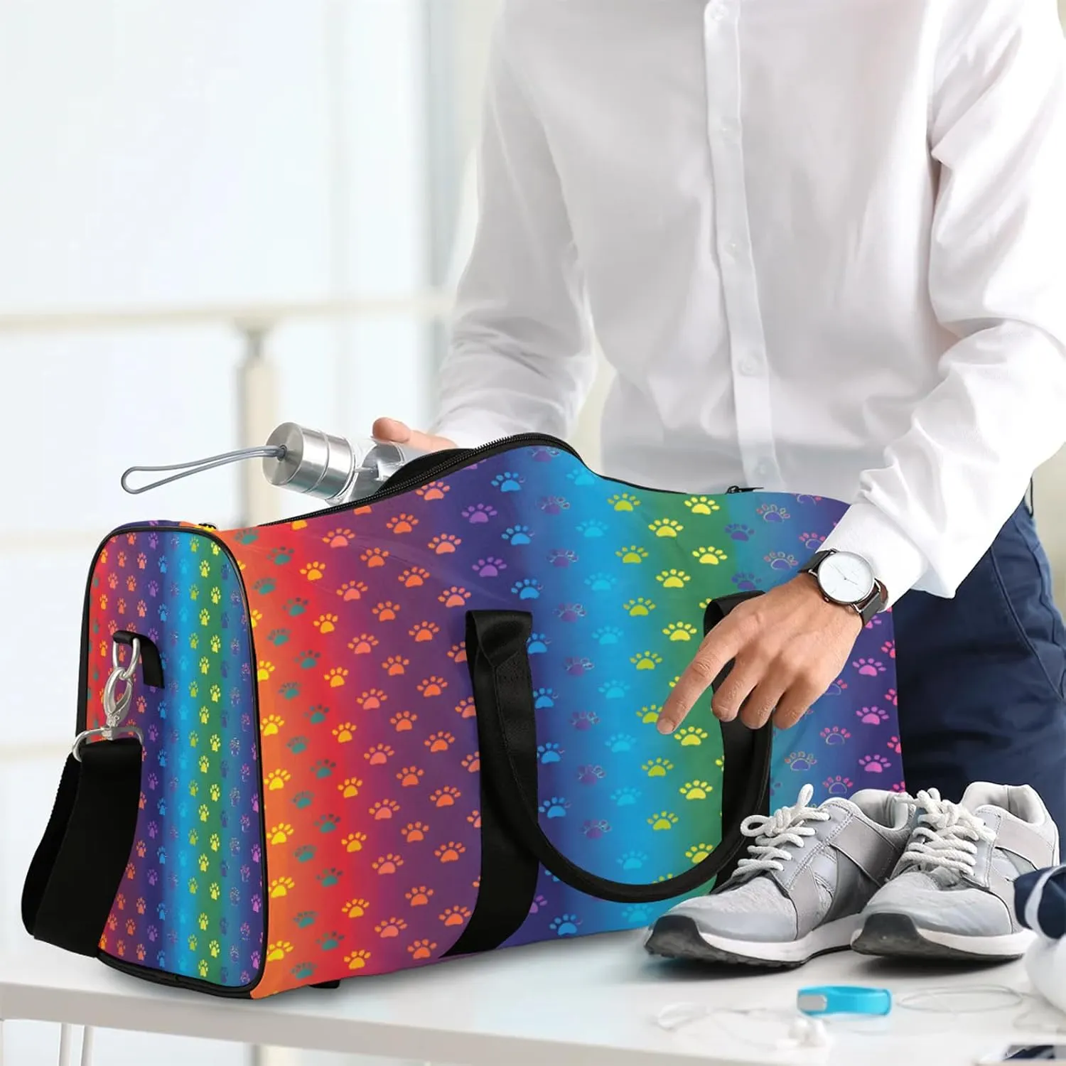 Paws Duffle Bag for Travel, Overnight Weekend Gym Carry On Luggage Bag, Rainbow Travel Duffel Bag for Men Women