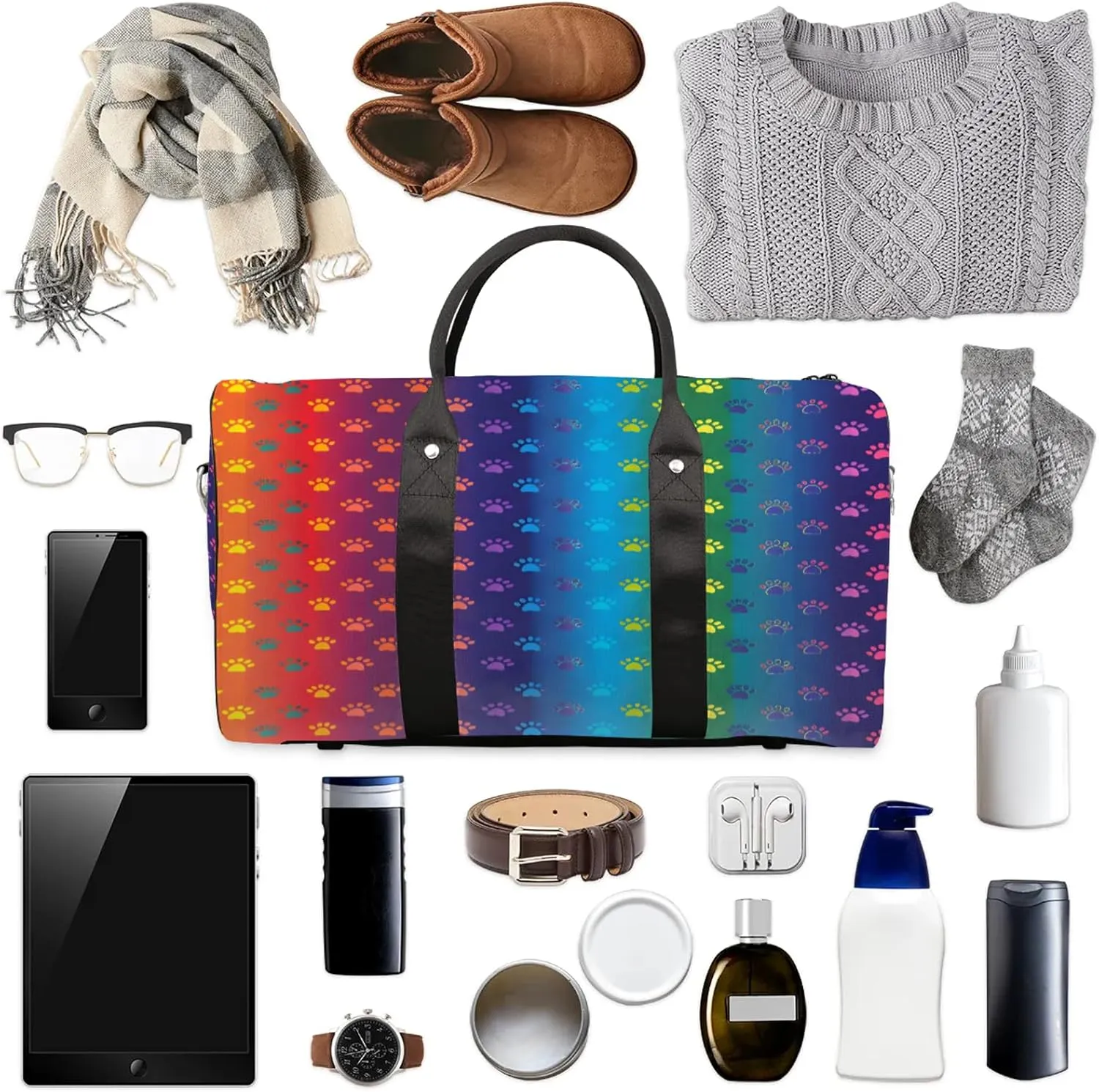 Paws Duffle Bag for Travel, Overnight Weekend Gym Carry On Luggage Bag, Rainbow Travel Duffel Bag for Men Women