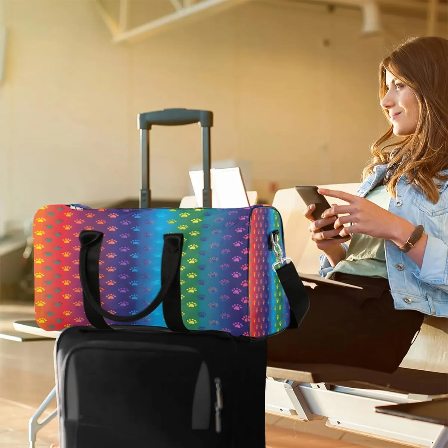 Paws Duffle Bag for Travel, Overnight Weekend Gym Carry On Luggage Bag, Rainbow Travel Duffel Bag for Men Women