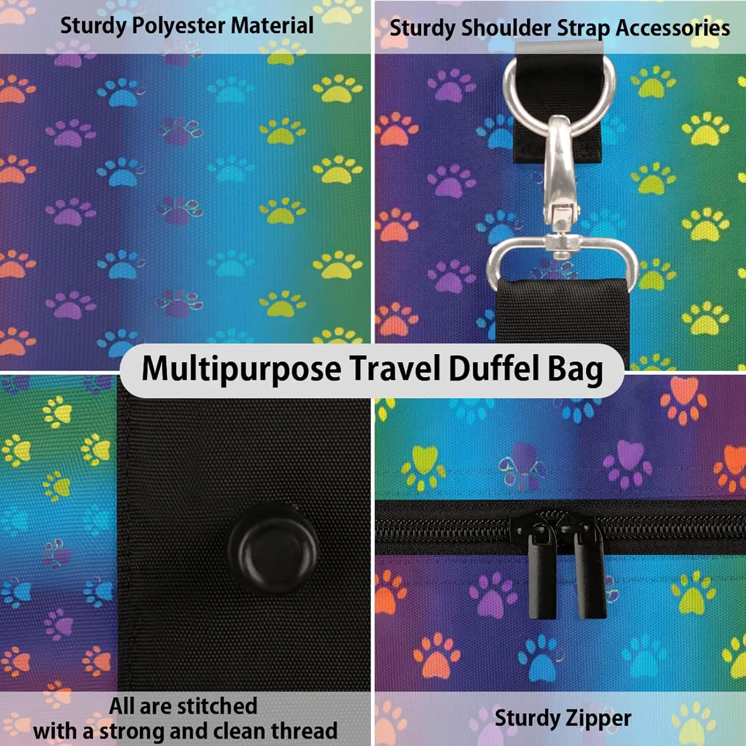 Paws Duffle Bag for Travel, Overnight Weekend Gym Carry On Luggage Bag, Rainbow Travel Duffel Bag for Men Women