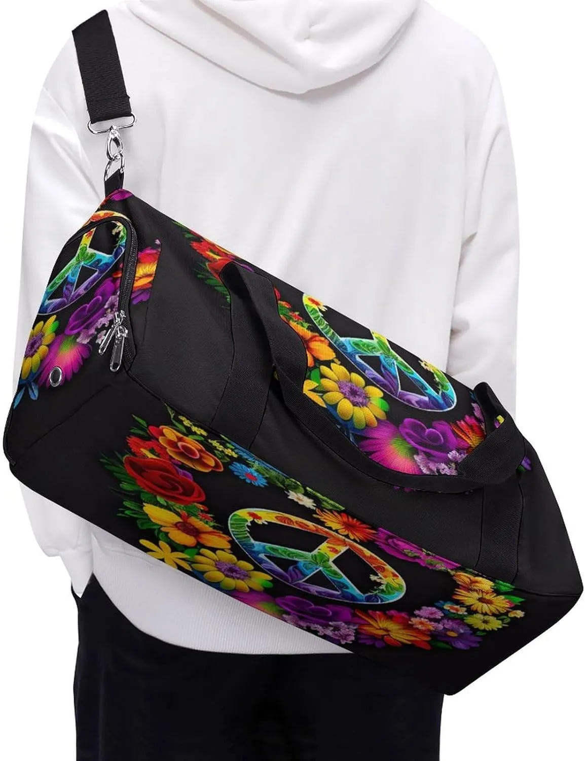 Peace Symbol Rainbow Travel Duffel Bag for Men Women with Shoe Compartment Waterproof