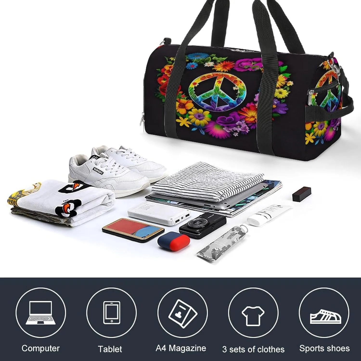 Peace Symbol Rainbow Travel Duffel Bag for Men Women with Shoe Compartment Waterproof