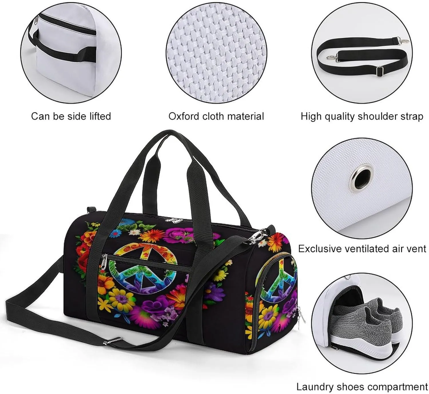 Peace Symbol Rainbow Travel Duffel Bag for Men Women with Shoe Compartment Waterproof