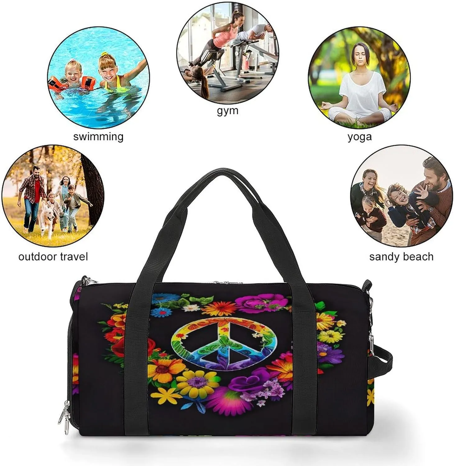 Peace Symbol Rainbow Travel Duffel Bag for Men Women with Shoe Compartment Waterproof