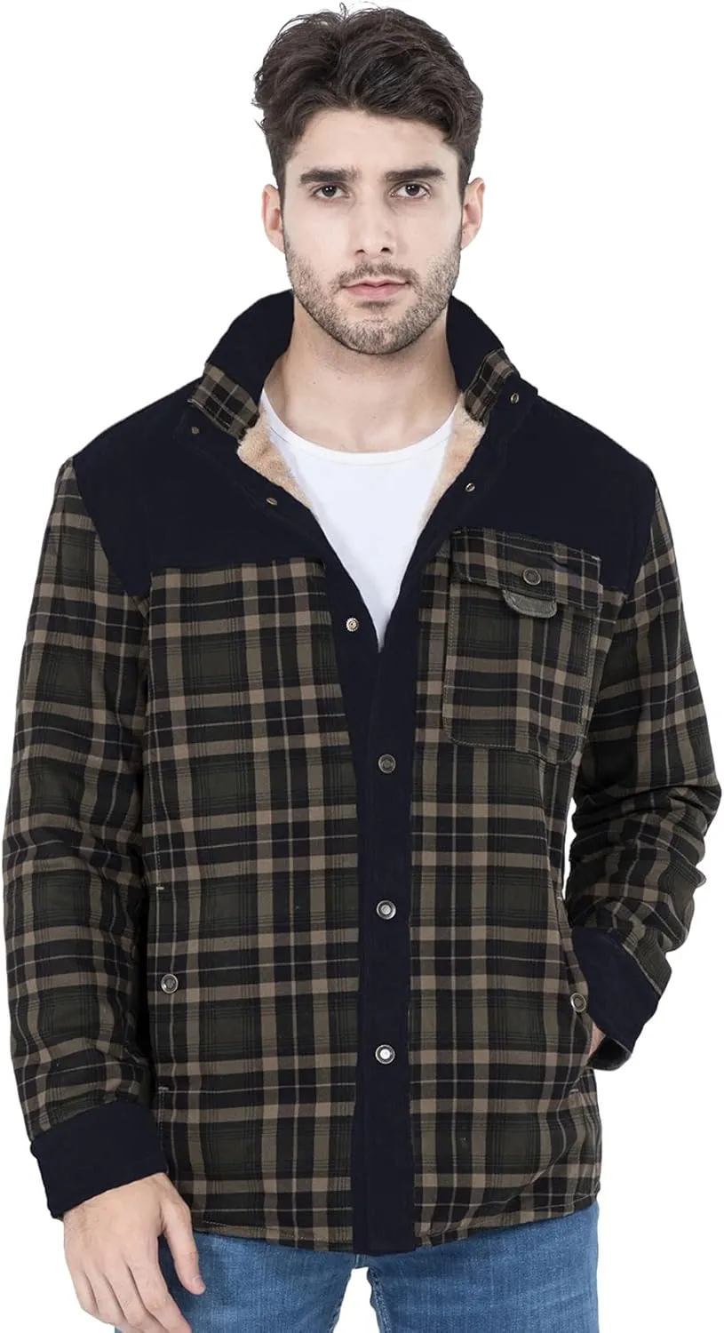 PEHMEA Men's Vintage Long Sleeve Sherpa Lined Plaid Flannel Shirt Jacket Fleece Coats