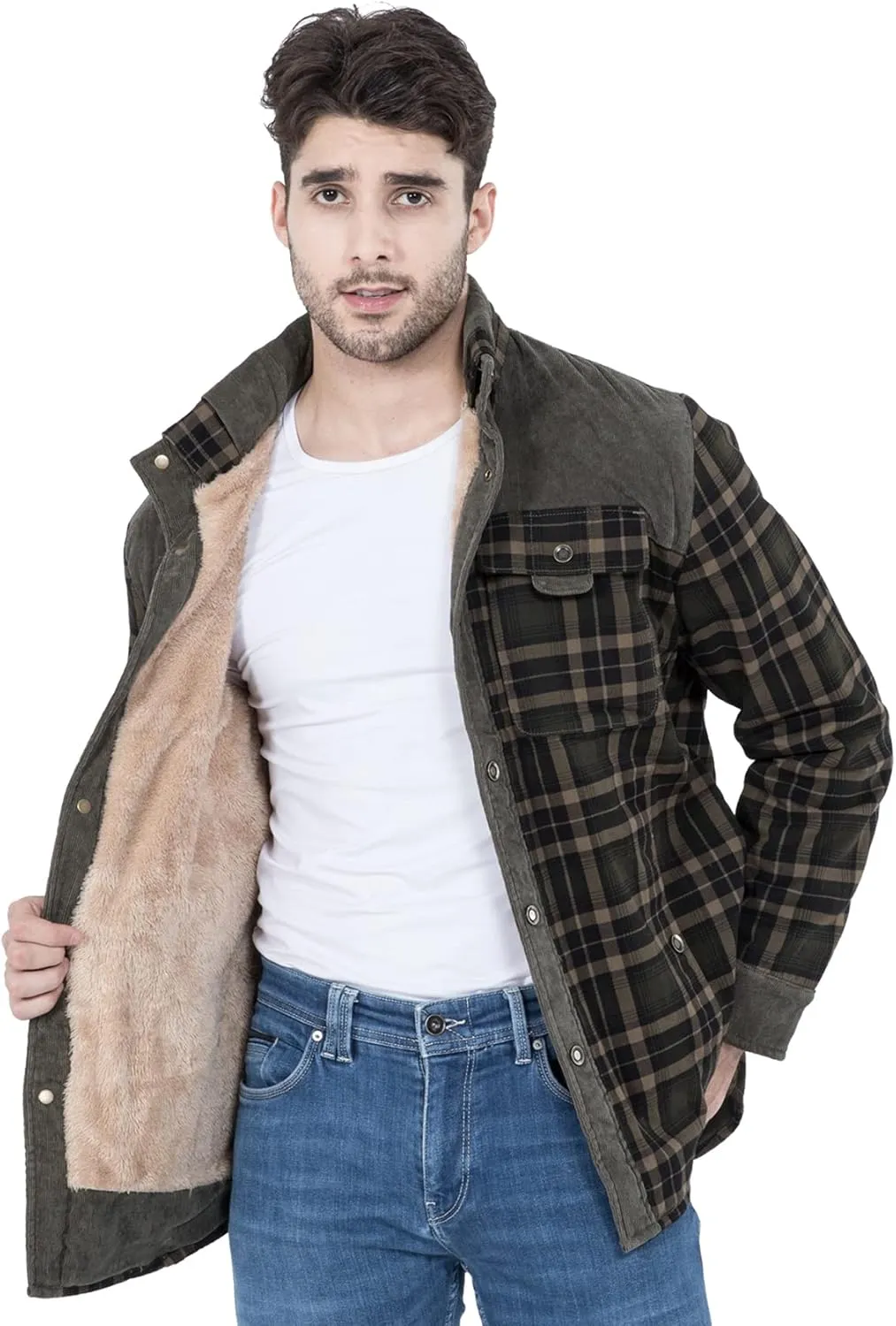 PEHMEA Men's Vintage Long Sleeve Sherpa Lined Plaid Flannel Shirt Jacket Fleece Coats
