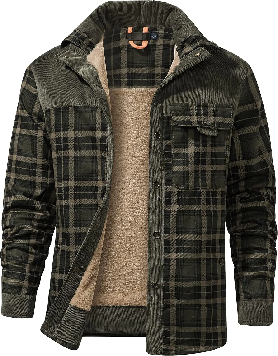 PEHMEA Men's Vintage Long Sleeve Sherpa Lined Plaid Flannel Shirt Jacket Fleece Coats