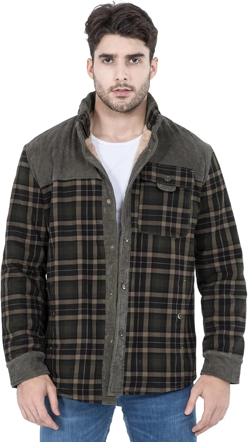 PEHMEA Men's Vintage Long Sleeve Sherpa Lined Plaid Flannel Shirt Jacket Fleece Coats