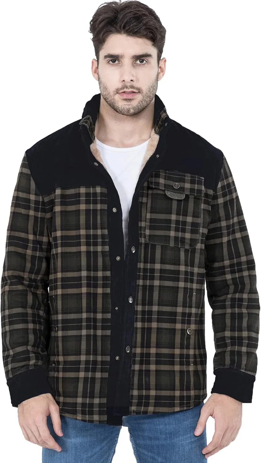 PEHMEA Men's Vintage Long Sleeve Sherpa Lined Plaid Flannel Shirt Jacket Fleece Coats