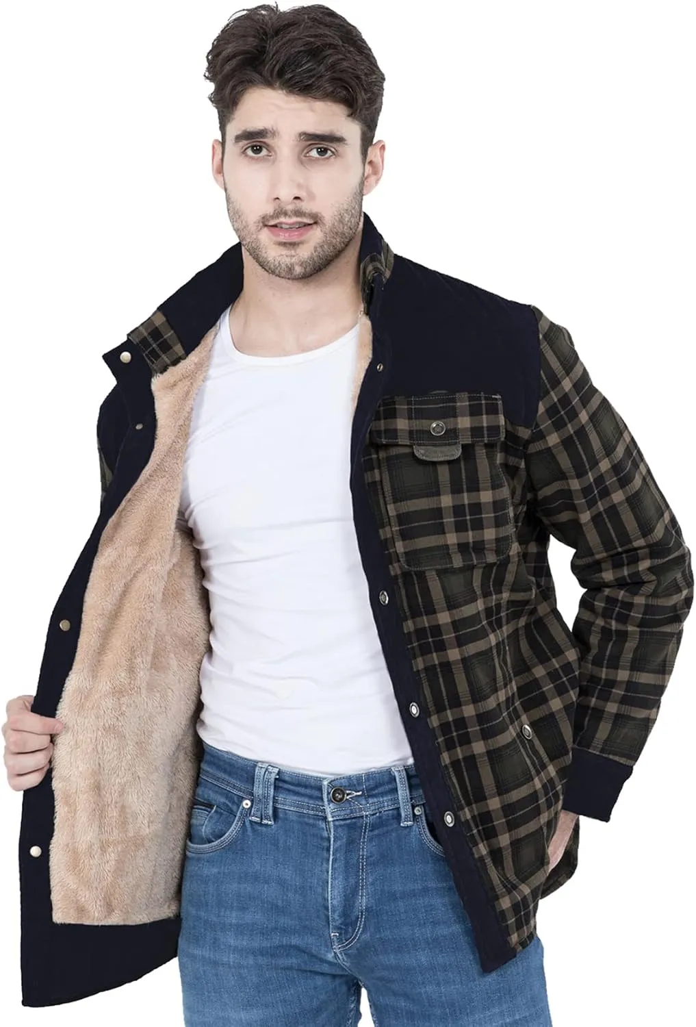 PEHMEA Men's Vintage Long Sleeve Sherpa Lined Plaid Flannel Shirt Jacket Fleece Coats