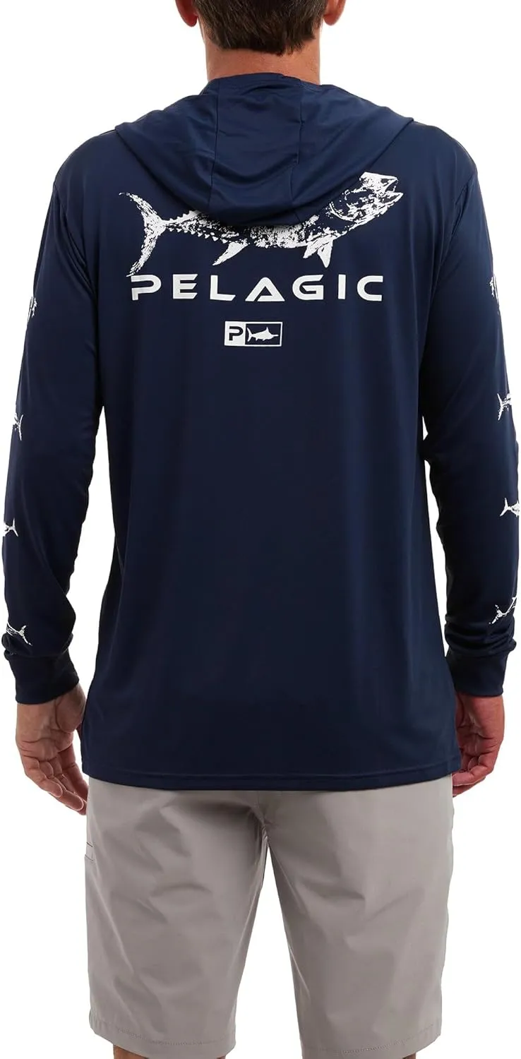 PELAGIC Men's Aquatek Gyotaku Hooded Fishing Shirt, Long Sleeve, UPF 50  Protection, Ultra Soft Feel
