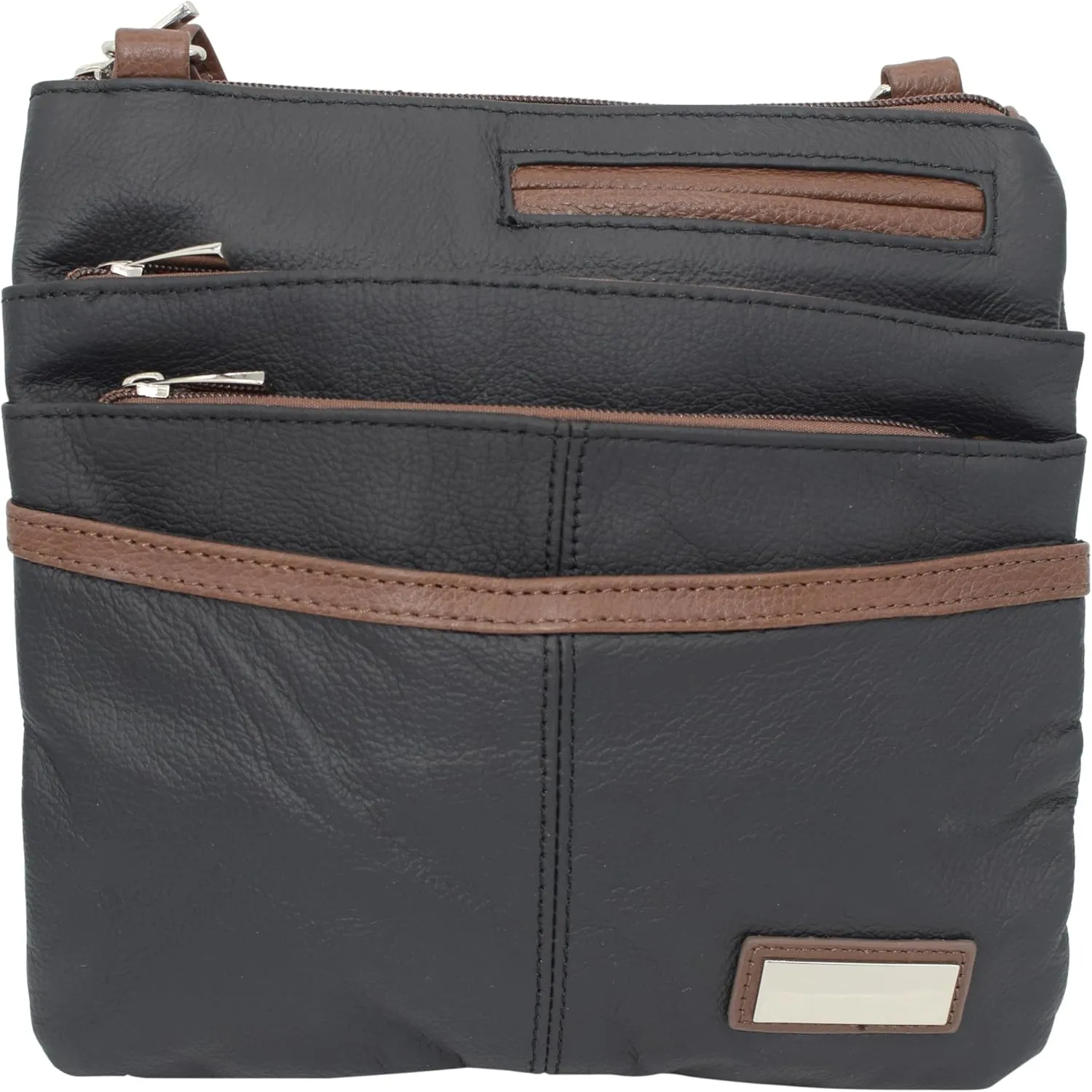 Pemium Leather Body Purse - Multi Pocket Zipper Cross Body Handbag with Exterior Mirror - Adjustable Shoulder Strap -Convenient Travel Bag - Designed in the U.S.A.