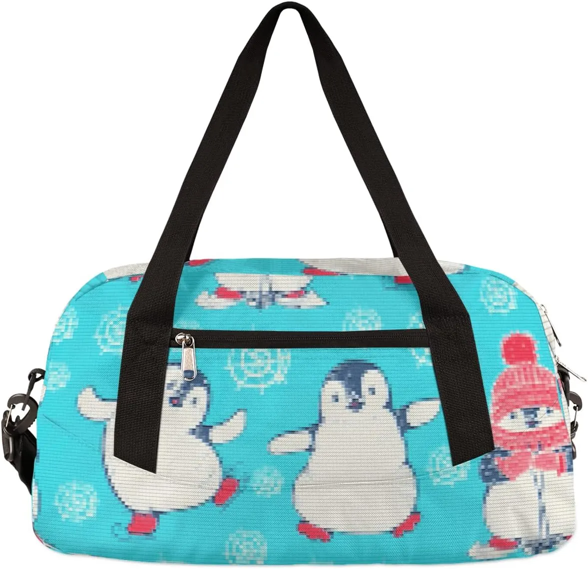 Penguins Cartoon Pattern Small Duffel Bag, Penguins Pixel Wind Dance Bag Overnight Small Duffel Bag Carry On Weekend Sports Gym Travel Bag for Practice Gymnastics Ballet