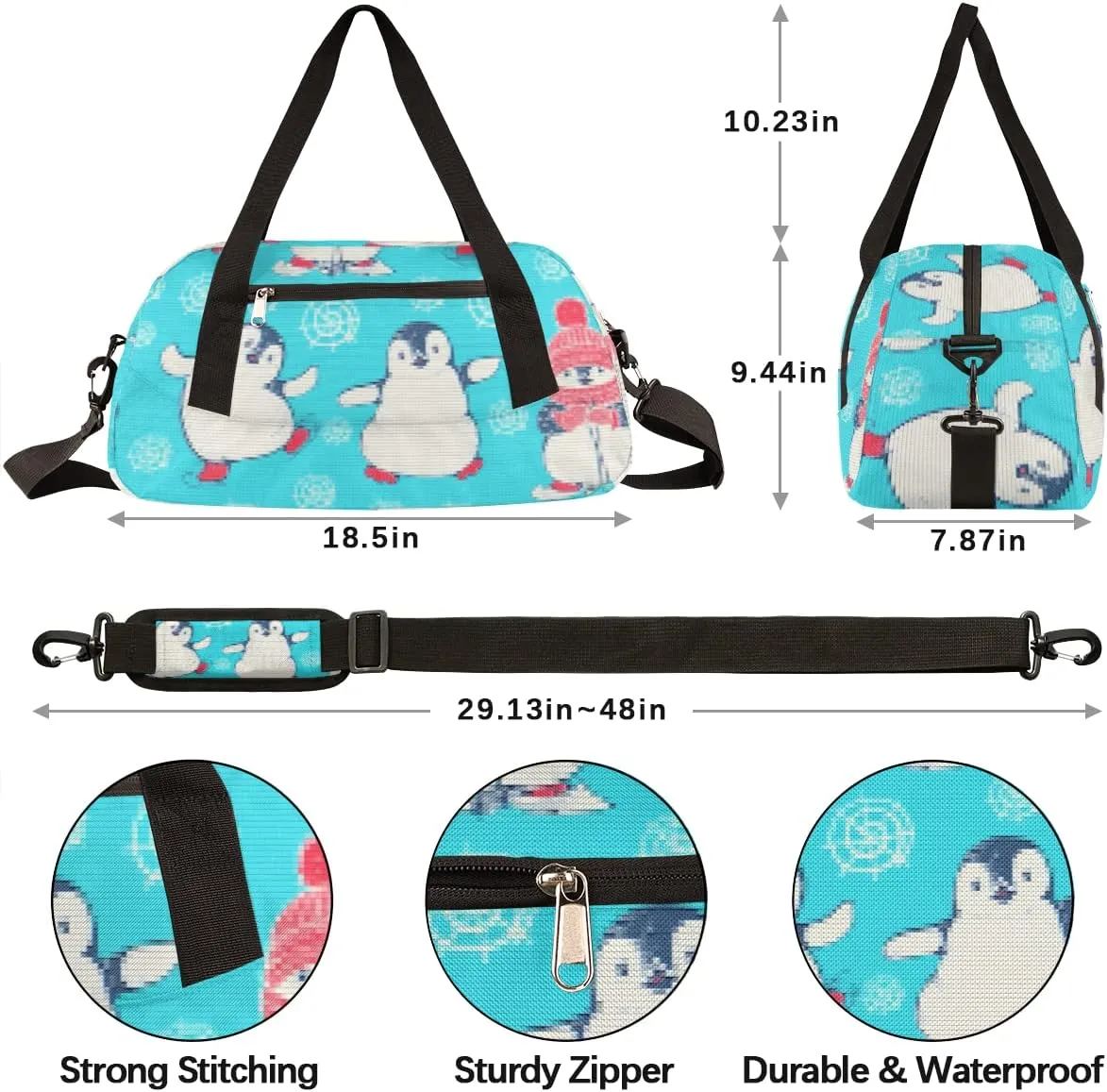Penguins Cartoon Pattern Small Duffel Bag, Penguins Pixel Wind Dance Bag Overnight Small Duffel Bag Carry On Weekend Sports Gym Travel Bag for Practice Gymnastics Ballet