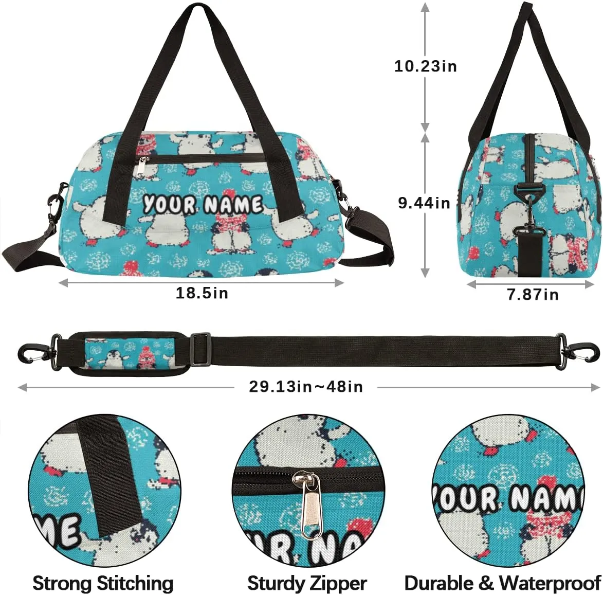 Penguins Cartoon Personalized Kids Duffel Bag for Girls Boys, Penguins Debris Custom Name Dance Bag Overnight Small Duffel Bag Carry On Weekend Sports Travel Bag for School Practice Gymnastics Ballet