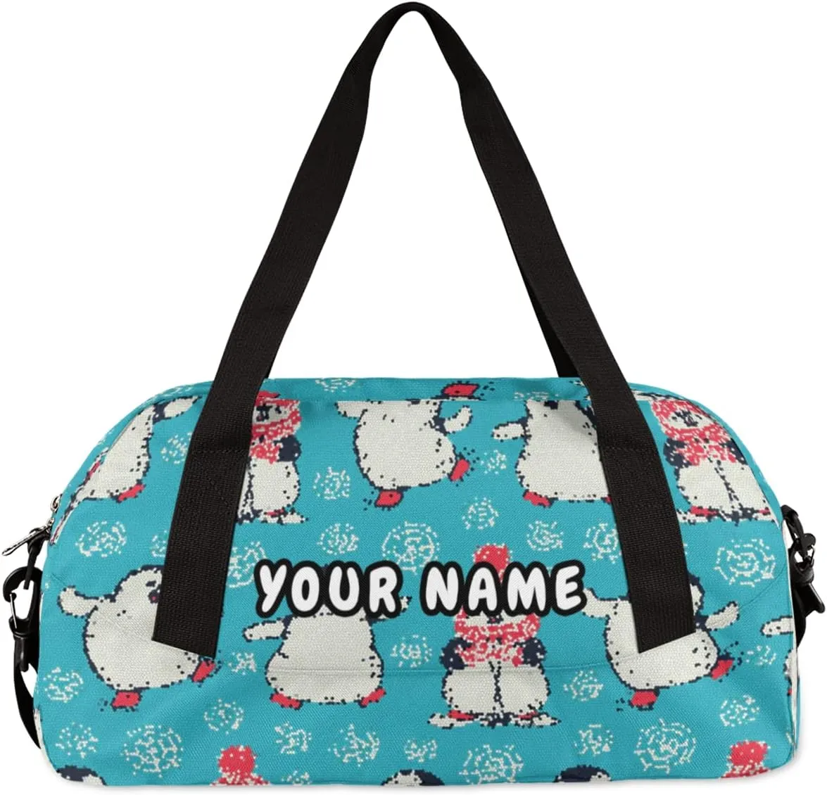 Penguins Cartoon Personalized Kids Duffel Bag for Girls Boys, Penguins Debris Custom Name Dance Bag Overnight Small Duffel Bag Carry On Weekend Sports Travel Bag for School Practice Gymnastics Ballet