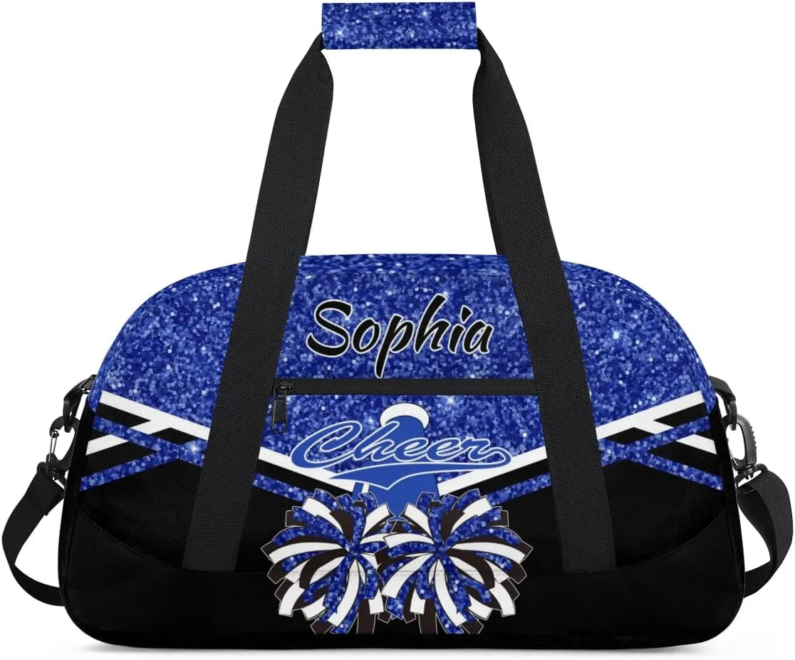 Personalised Name Cheer Cheerleader Bags, Custom Dancing Sports Duffle Bag Gym Cheerleading Bag Travel Duffel Perform Training Bag, Overnight Weekender Bags, Cobalt Blue Glitter (No Glitter)