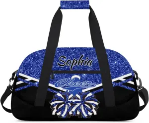 Personalised Name Cheer Cheerleader Bags, Custom Dancing Sports Duffle Bag Gym Cheerleading Bag Travel Duffel Perform Training Bag, Overnight Weekender Bags, Cobalt Blue Glitter (No Glitter)