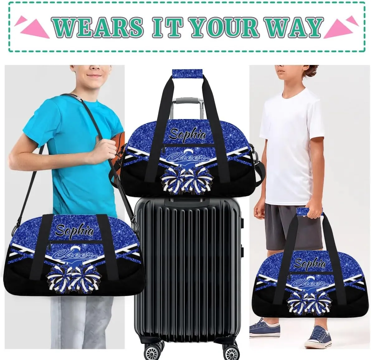 Personalised Name Cheer Cheerleader Bags, Custom Dancing Sports Duffle Bag Gym Cheerleading Bag Travel Duffel Perform Training Bag, Overnight Weekender Bags, Cobalt Blue Glitter (No Glitter)
