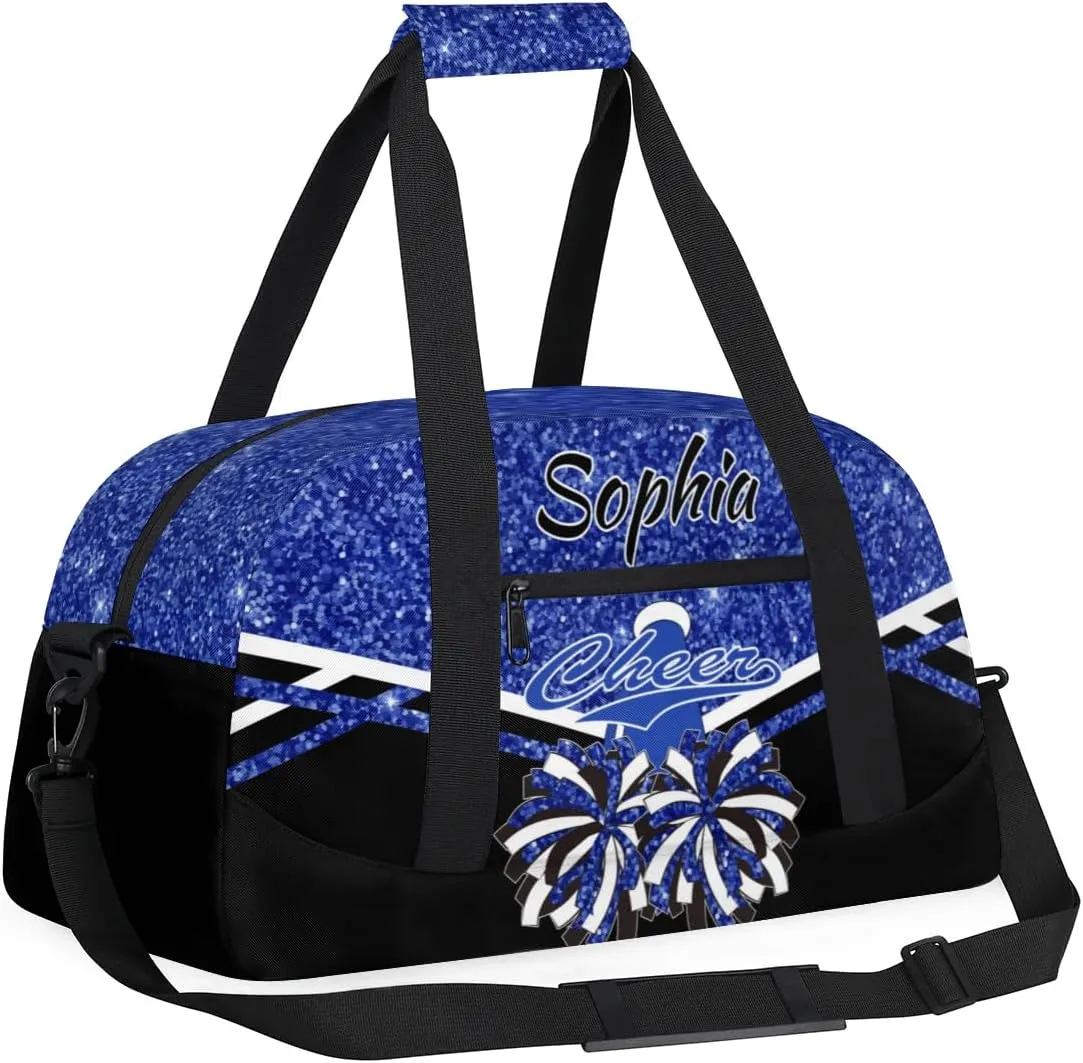 Personalised Name Cheer Cheerleader Bags, Custom Dancing Sports Duffle Bag Gym Cheerleading Bag Travel Duffel Perform Training Bag, Overnight Weekender Bags, Cobalt Blue Glitter (No Glitter)