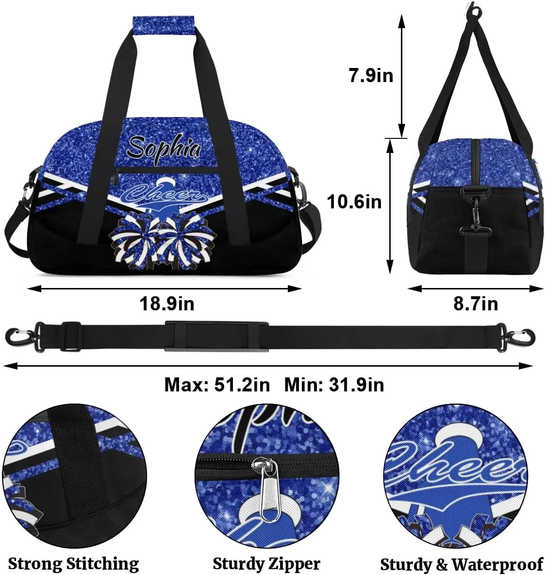 Personalised Name Cheer Cheerleader Bags, Custom Dancing Sports Duffle Bag Gym Cheerleading Bag Travel Duffel Perform Training Bag, Overnight Weekender Bags, Cobalt Blue Glitter (No Glitter)