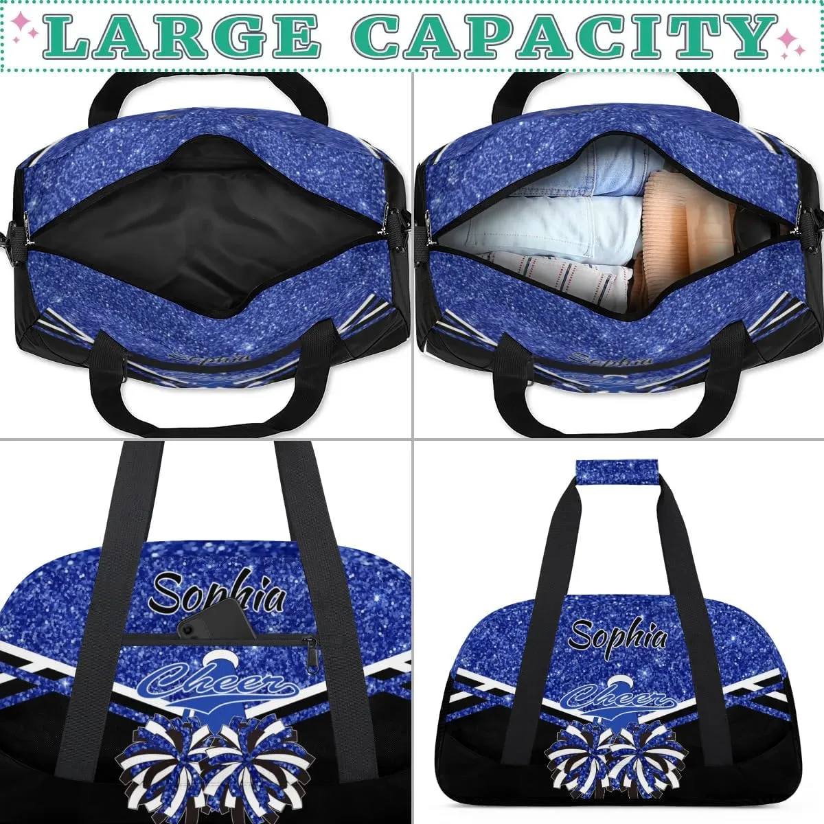 Personalised Name Cheer Cheerleader Bags, Custom Dancing Sports Duffle Bag Gym Cheerleading Bag Travel Duffel Perform Training Bag, Overnight Weekender Bags, Cobalt Blue Glitter (No Glitter)