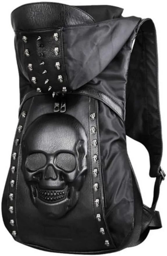 Personality 3D Skull Leather Backpack Rivets Skull Backpack with Hood Cap Apparel Bag Cross Bags