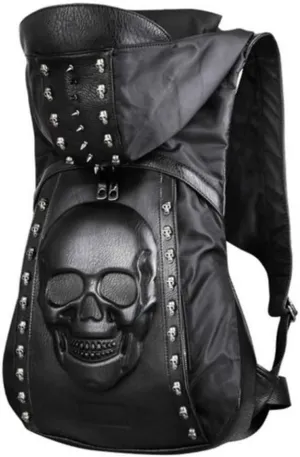 Personality 3D Skull Leather Backpack Rivets Skull Backpack with Hood Cap Apparel Bag Cross Bags