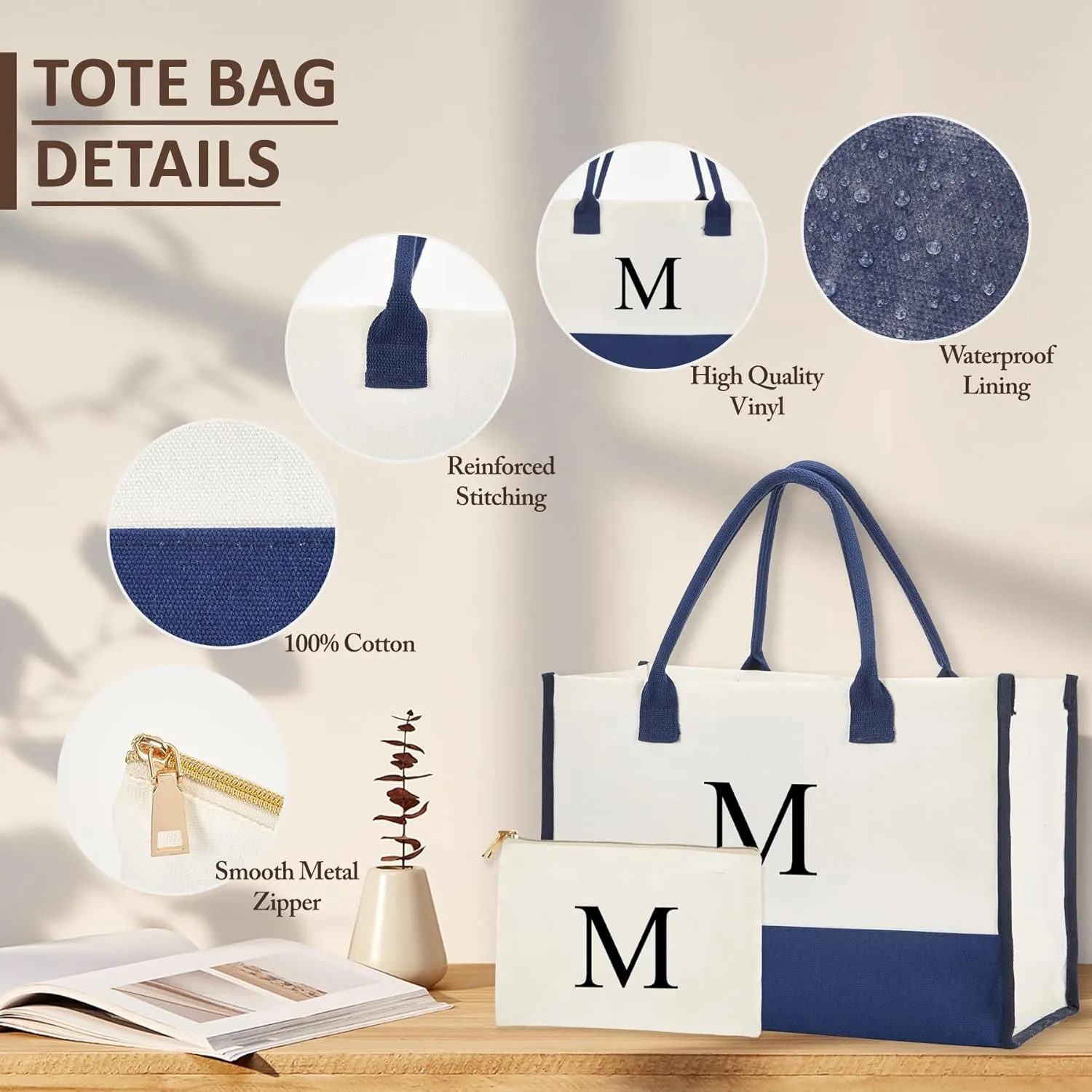 Personalized Canvas Tote Bag - Reinforced Handles,Dense Sewing Beach Bag & Extra Makeup Bag,Travel Essentials,Gifts for Women