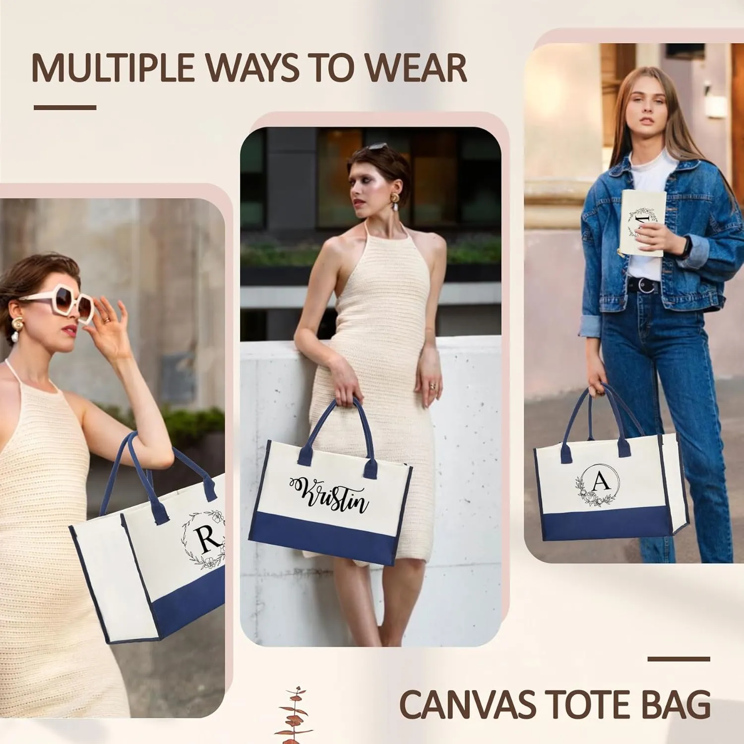 Personalized Canvas Tote Bag - Reinforced Handles,Dense Sewing Beach Bag & Extra Makeup Bag,Travel Essentials,Gifts for Women