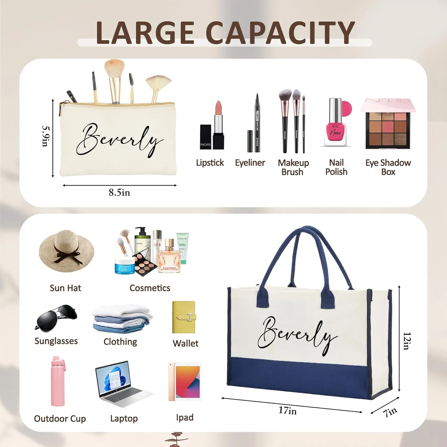 Personalized Canvas Tote Bag - Reinforced Handles,Dense Sewing Beach Bag & Extra Makeup Bag,Travel Essentials,Gifts for Women