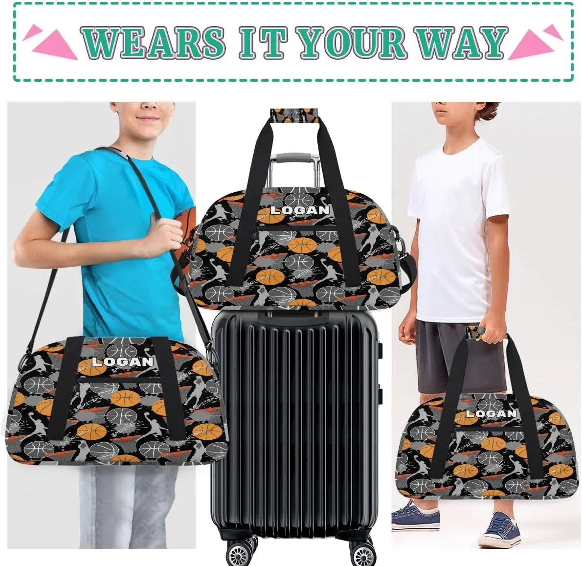Personalized Cheer Bag Boy Sport Duffel Bag, Sports Basketball Pattern Customize Travel Duffle Bag, Overnight Weekender Bags, School Perform Cheer Bag