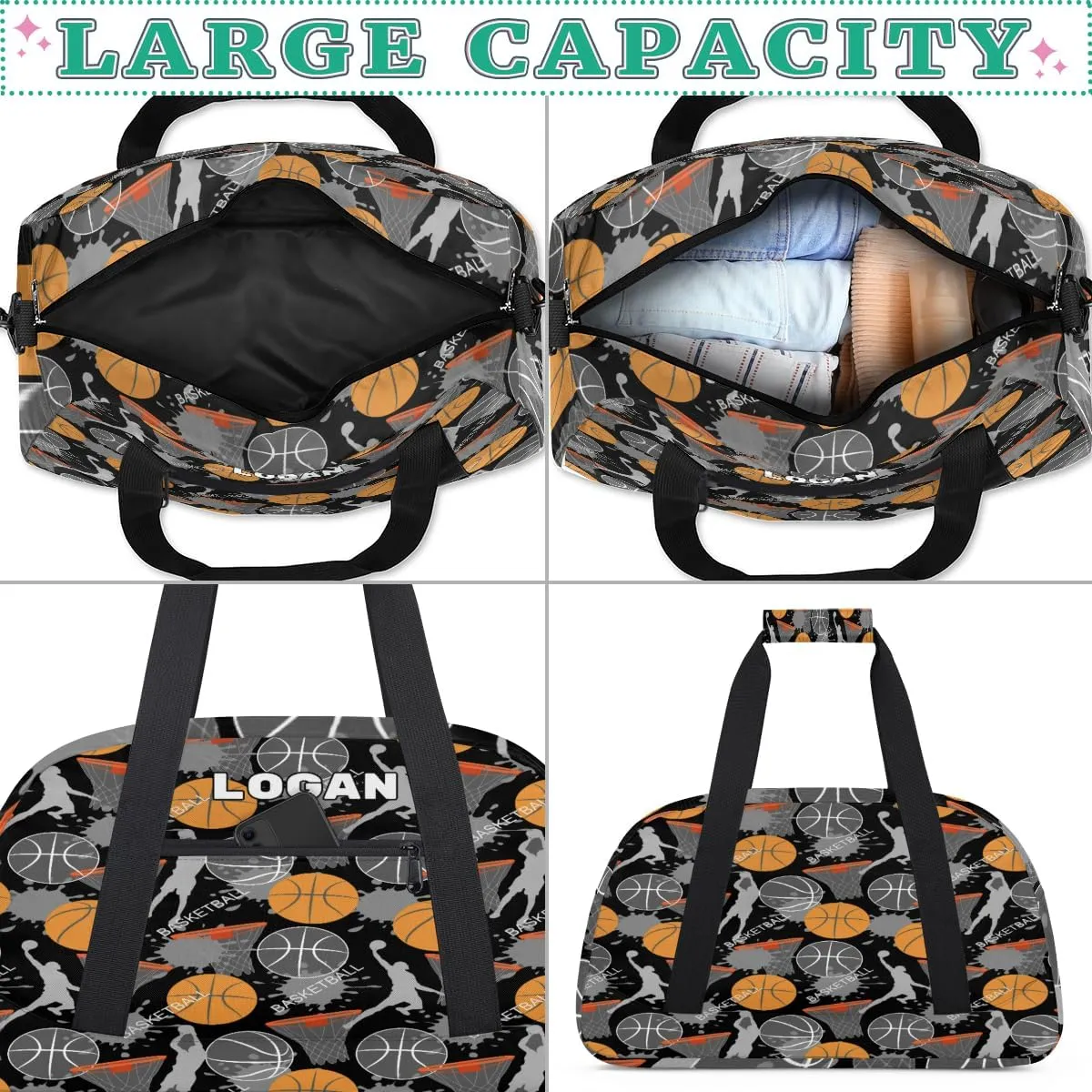 Personalized Cheer Bag Boy Sport Duffel Bag, Sports Basketball Pattern Customize Travel Duffle Bag, Overnight Weekender Bags, School Perform Cheer Bag