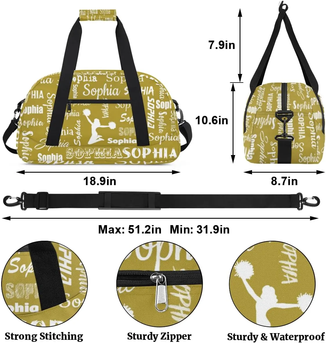 Personalized Cheer Bag Name Custom Sport Duffel Bag Dance Bag, Overnight Weekender Bags Cheerleader Personalized Gymnastics Bag Cheerleading Gifts, Brown