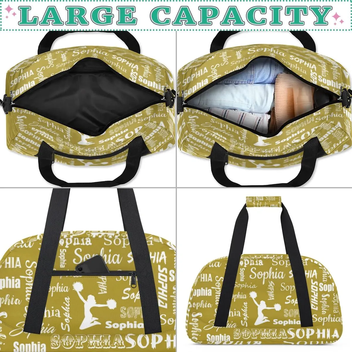 Personalized Cheer Bag Name Custom Sport Duffel Bag Dance Bag, Overnight Weekender Bags Cheerleader Personalized Gymnastics Bag Cheerleading Gifts, Brown