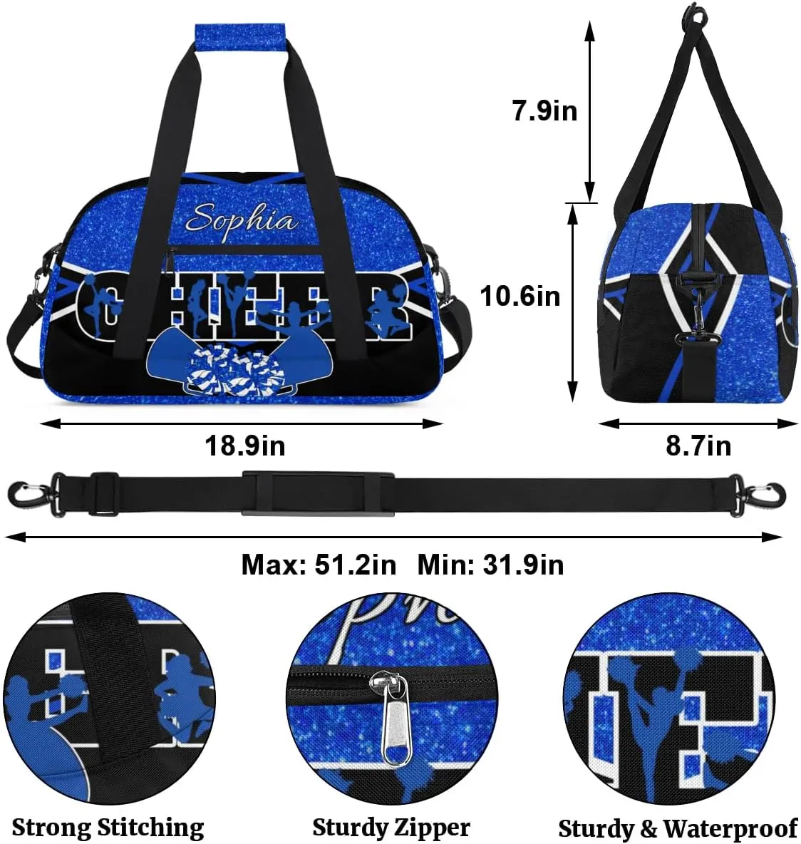 Personalized Cheer Bag with Name Custom Cheerleader Bags Cheer Dance Bag Customize Cheer Duffel Bag Overnight Weekender Bag, Blue