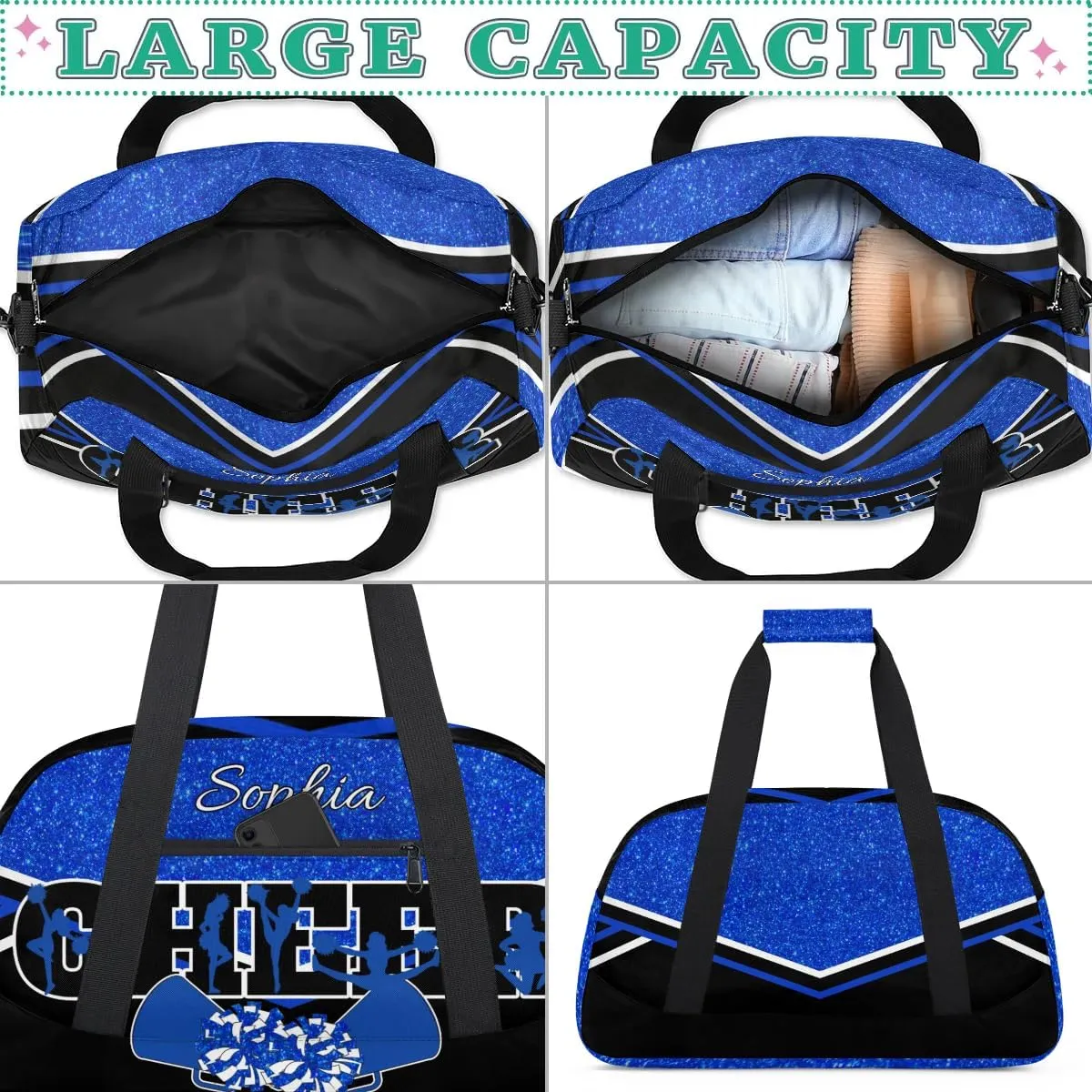 Personalized Cheer Bag with Name Custom Cheerleader Bags Cheer Dance Bag Customize Cheer Duffel Bag Overnight Weekender Bag, Blue