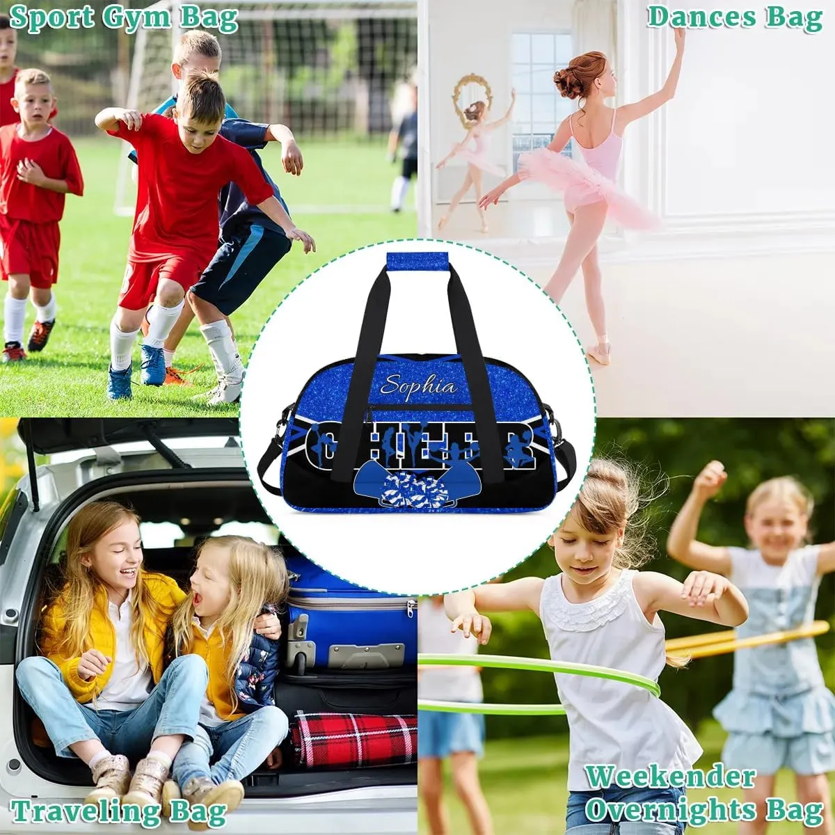 Personalized Cheer Bag with Name Custom Cheerleader Bags Cheer Dance Bag Customize Cheer Duffel Bag Overnight Weekender Bag, Blue