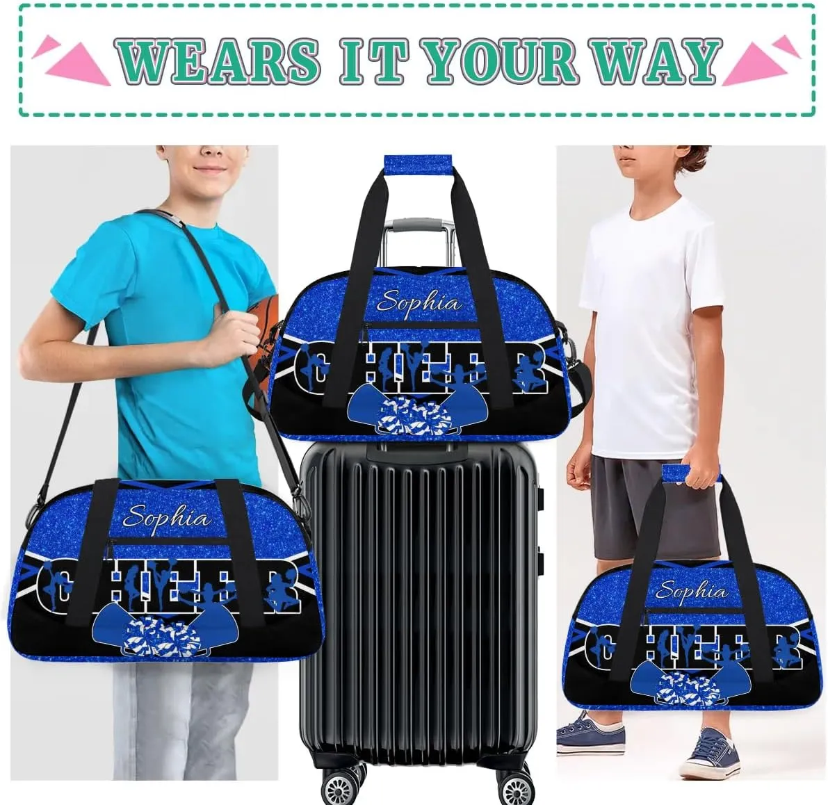 Personalized Cheer Bag with Name Custom Cheerleader Bags Cheer Dance Bag Customize Cheer Duffel Bag Overnight Weekender Bag, Blue