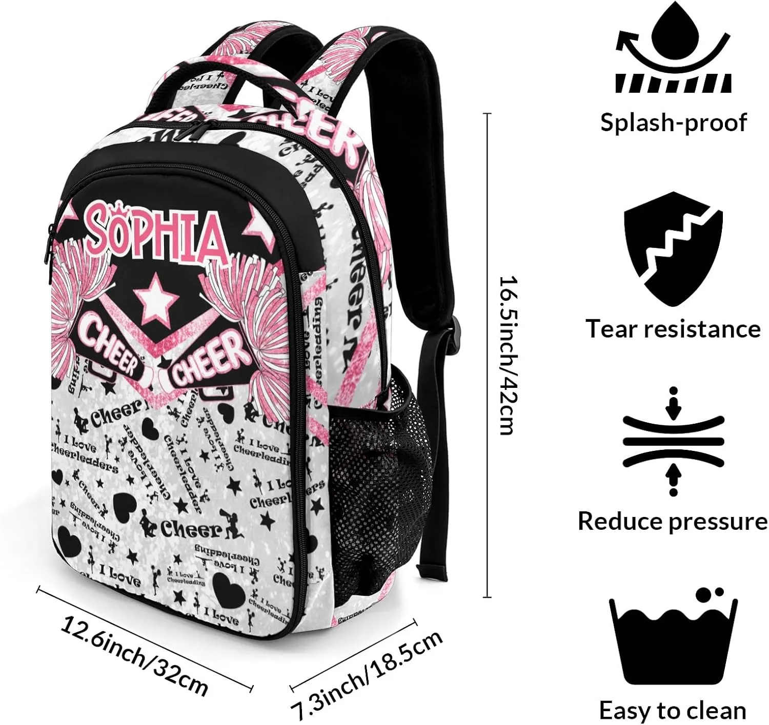 Personalized Cheer Coach Backpack Multifunctional Waterproof Laptop Bag for Boy Girl Travel Gift Cheerleader Pink Black Bling Print
