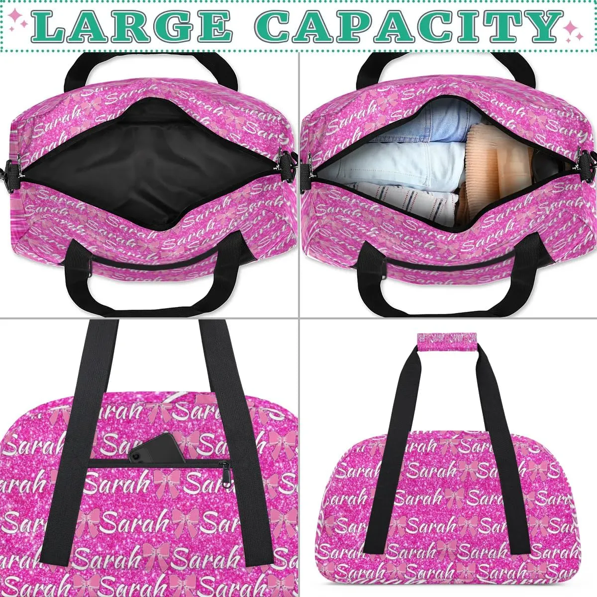 Personalized Cheer Duffel Bags Custom Cheerleader Bag with Name for Sport Events Dance Bag Customized Travel Gym Bag Overnight Weekender Carry-on Bag, Pink Glitter