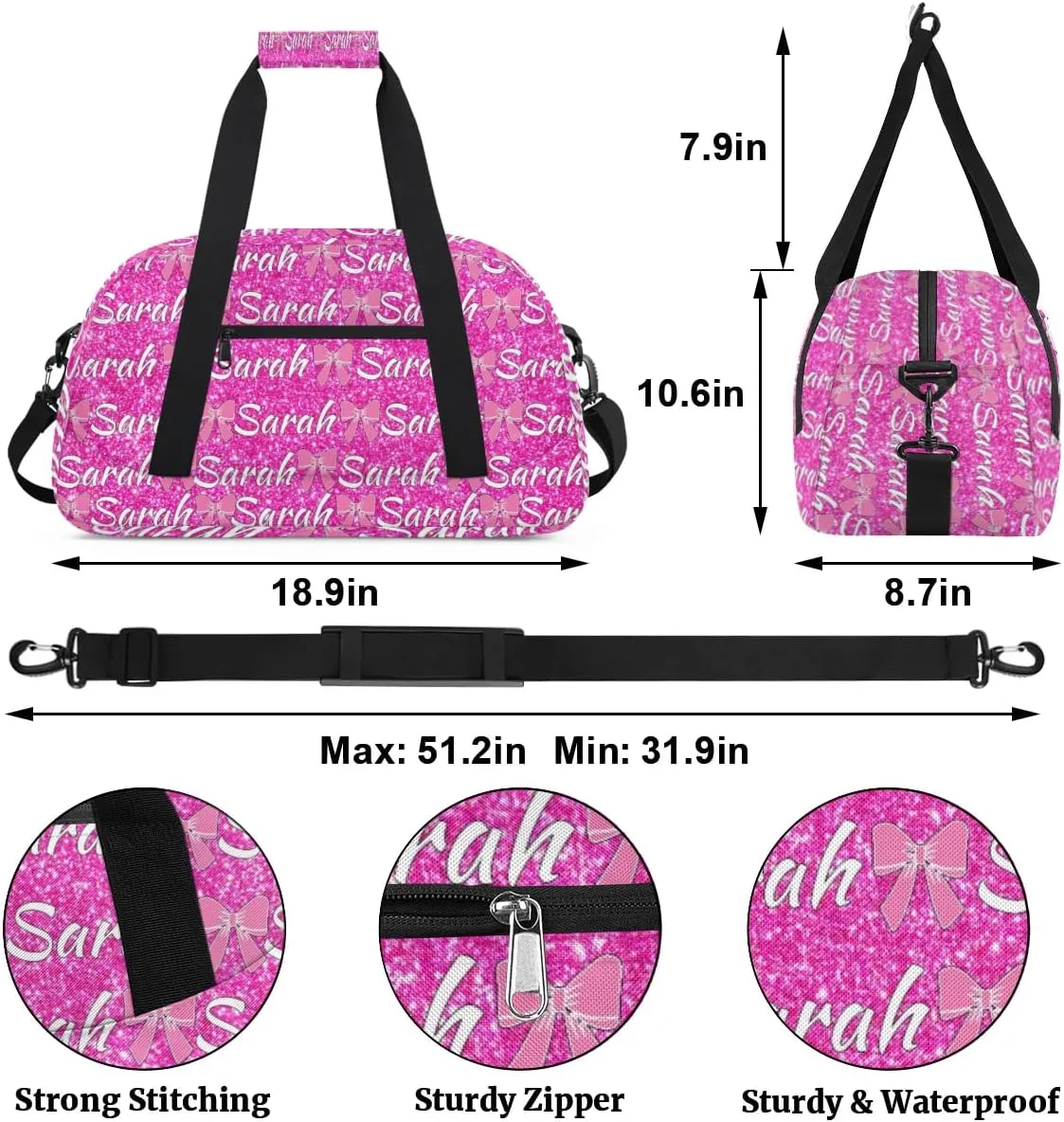 Personalized Cheer Duffel Bags Custom Cheerleader Bag with Name for Sport Events Dance Bag Customized Travel Gym Bag Overnight Weekender Carry-on Bag, Pink Glitter